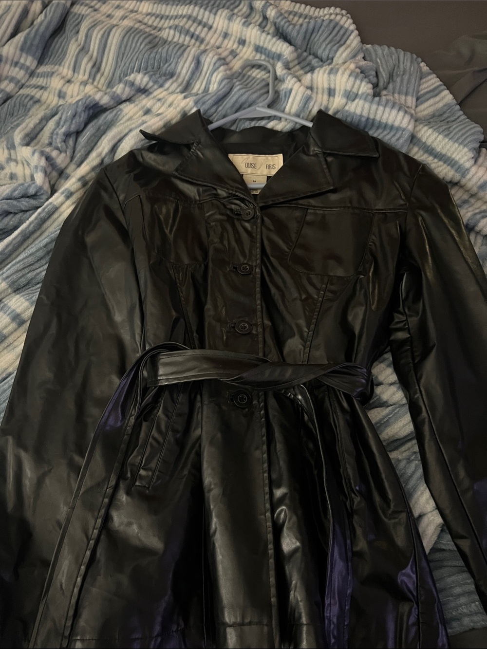 Black Faux Leather Trench Coat with Waist Tie by CUSP